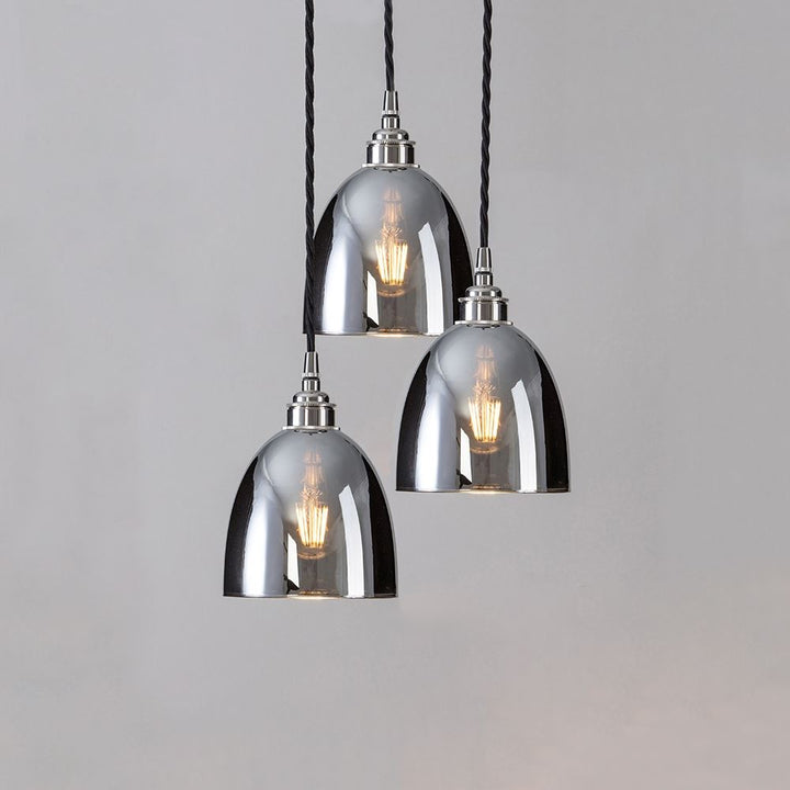 Three Old School Electric Blown Smoked Glass Cluster Pendant Lights hanging on a white background.